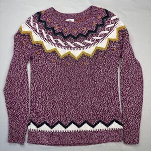 Old Navy Sweater Women Medium Burgundy Fair Isle Knit Crewneck Pullover Cozy‎